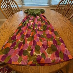 Vintage Girl’s Handmade Maxi Dress Green Pink Puff Sleeves Size 10-12 60s-70’s